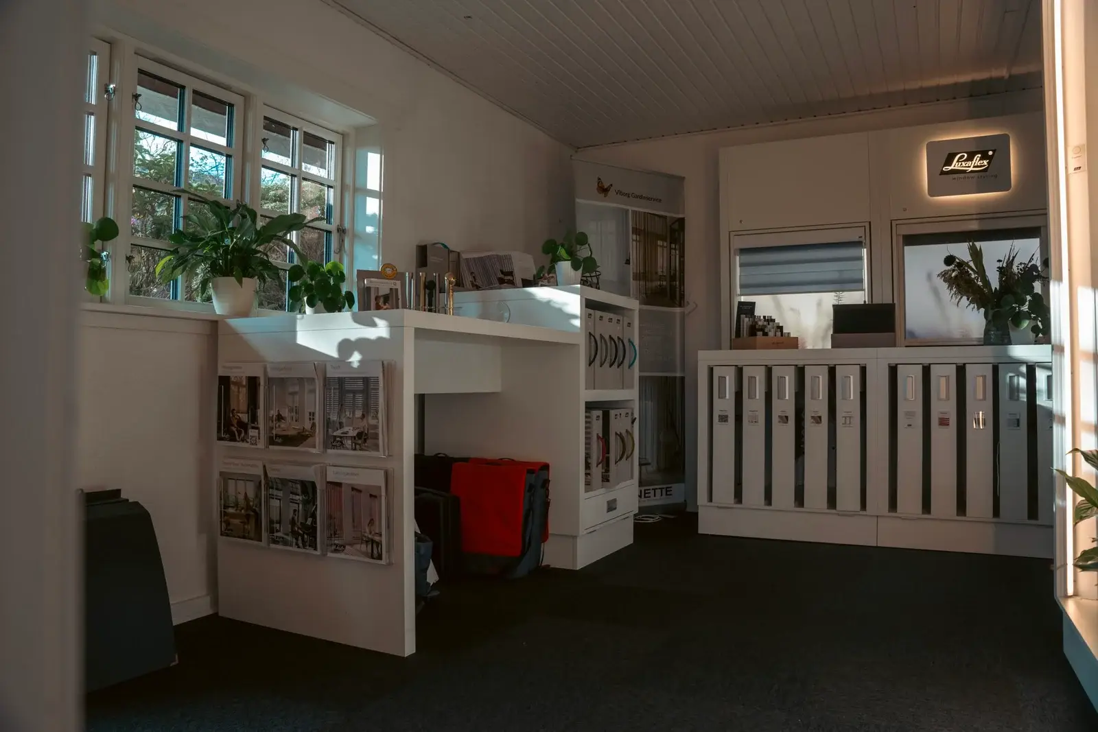 Moderne kontor med planter og magasinholdere